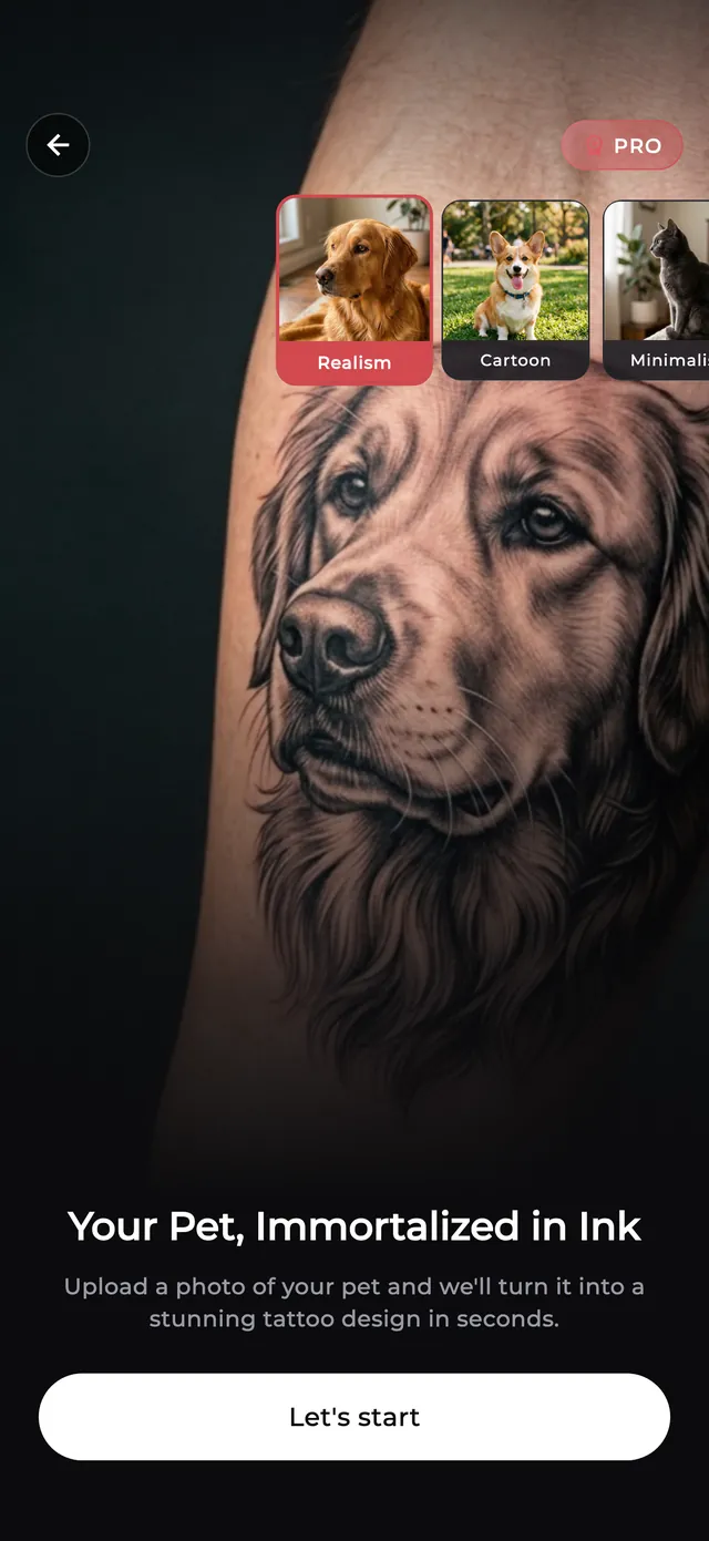 Pet portrait tattoo tool intro screen