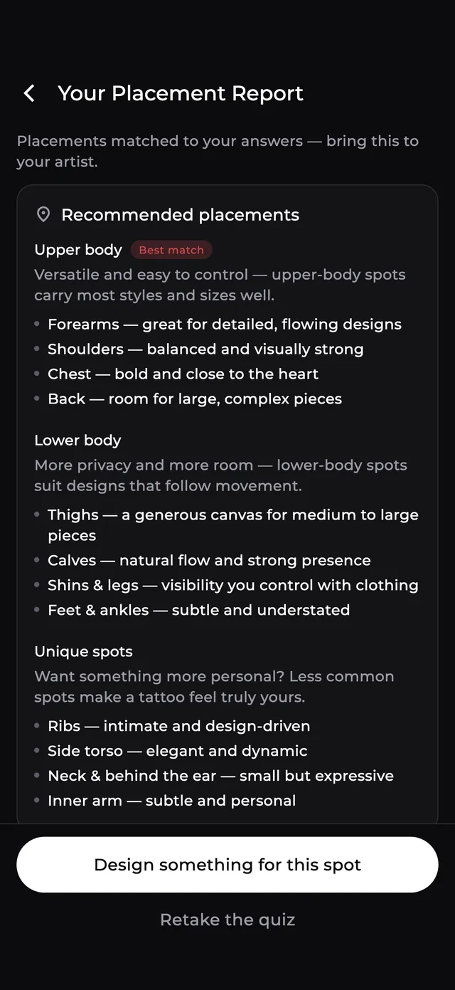 Placement report screen listing recommended tattoo spots