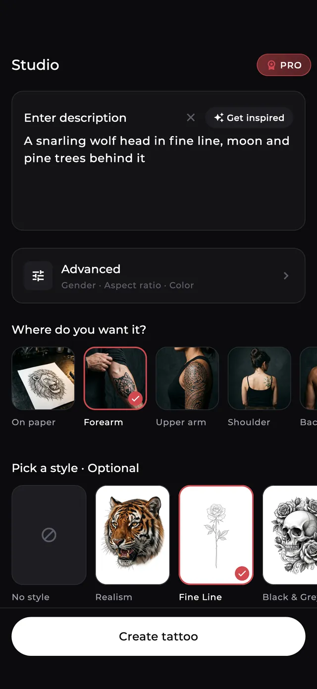 InkStudio Studio screen: a prompt, placement carousel and style picker